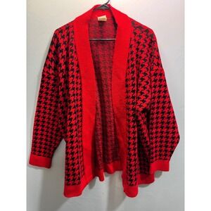 Sweater Bazaar Vintage Red Black Houndstooth Cardigan Open Front USA Made 22W‎